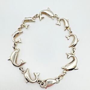 Sterling Silver Puffy Dolphins Bracelet 7" Beach Ocean